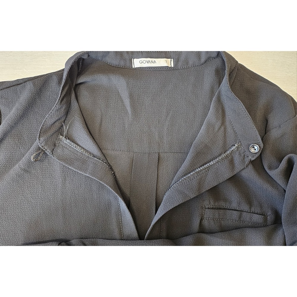 Women's Sheer Long Sleeve Blouse Govana Black Button Neck Front Pocket - Picture 11 of 11
